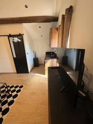 a living room with a tv and a kitchen at Studio Cannes, near Croisette in Cannes