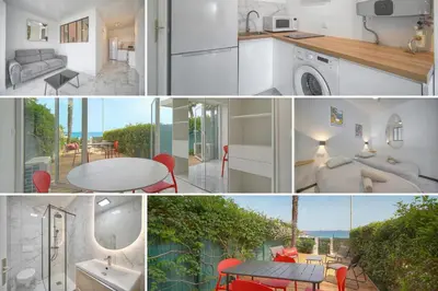 a collage of photos of a kitchen and a living room at Le Cali - Front de mer - Palm Beach - VCA in Cannes