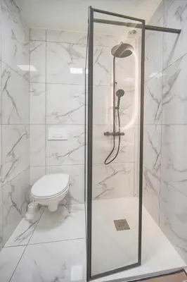 a bathroom with a shower and a toilet at Le Cali - Front de mer - Palm Beach - VCA in Cannes