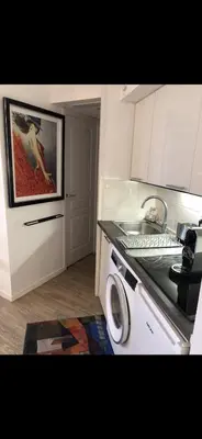 a kitchen with a sink and a washing machine at Charme in Cannes La Bocca