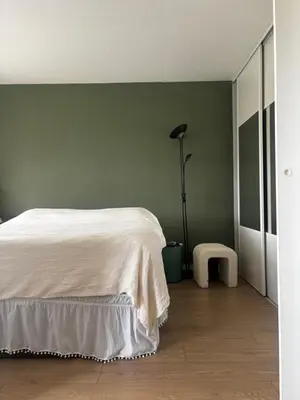 a bedroom with a white bed and a green wall at T2 Vue dégagée proche Cannes in Le Cannet