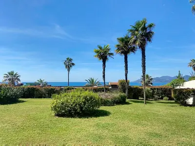 a park with palm trees and the ocean in the background at Superbes prestations grande terrasse 352L in Cannes