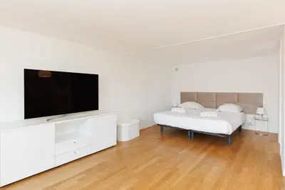 a white living room with a flat screen tv at Immogroom - Luxury Villa with Swimming Pool in City Center in Cannes