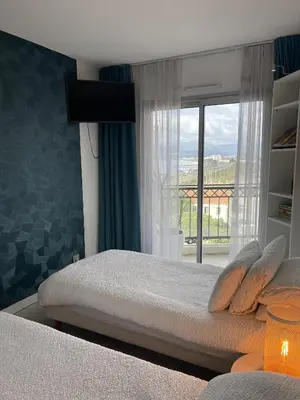 a bedroom with a bed and a large window at Cannes Beach Residence vue mer et pisicne in Cannes