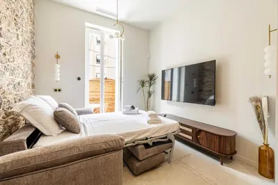 a living room with a couch and a flat screen tv at Magnificent apartment - AC-1BR-4P- Cannes in Cannes