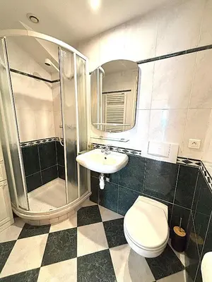 a bathroom with a sink and a shower and a toilet at Appartement 3p vue mer proche plages et congrès in Cannes