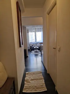 a hallway with a door and a living room at Bright apartment 10 minutes from Cannes in Le Cannet