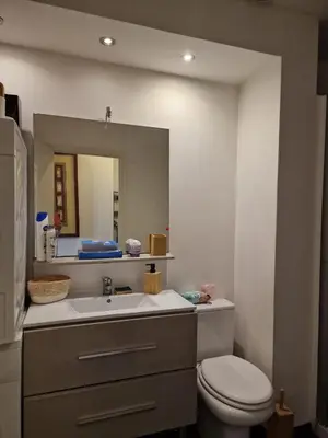 a bathroom with a sink and a toilet and a mirror at Bright apartment 10 minutes from Cannes in Le Cannet