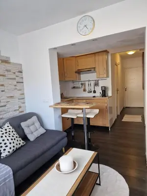 a living room with a couch and a kitchen at Bright apartment 10 minutes from Cannes in Le Cannet