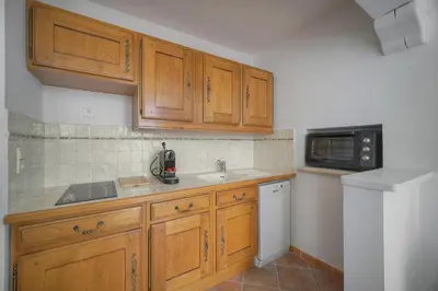 a kitchen with wooden cabinets and a sink and a microwave at Elégant 2 pièces vue MER, FELIX FAURE- COEUR DE CANNES A1B271 in Cannes