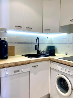 a kitchen with a sink and a washing machine at Stylish Cannes Gem, Terrace, Parking, 100m to Croisette in Cannes