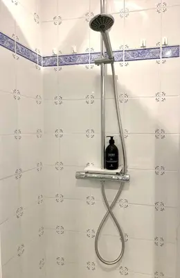 a shower with a shower head in a bathroom at Stylish Cannes Gem, Terrace, Parking, 100m to Croisette in Cannes