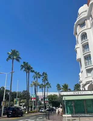 a street with palm trees and a white building at Cannes Croisette T2 new sublime in Cannes