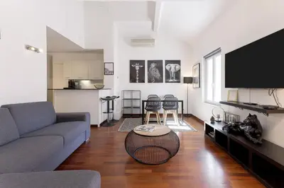 a living room with a couch and a tv at Rue Lafontaine by Halldis in Cannes