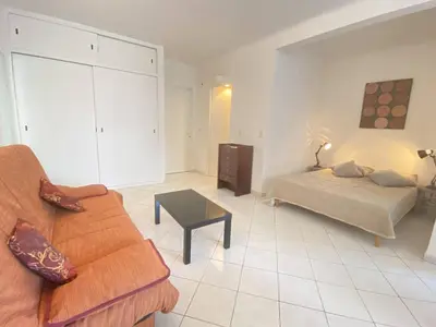 a living room with a couch and a bed at Cannes proche Croisette - Studio balcon vue sur jardin in Cannes