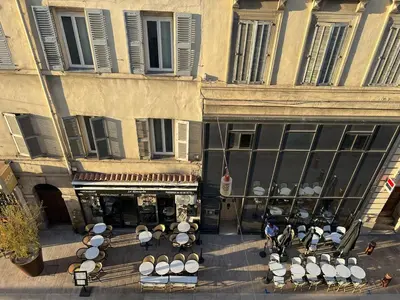 an overhead view of a building with tables and chairs at Panter Properies Studio in Cannes