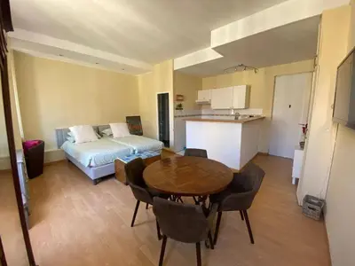 a room with a table and a bed and a kitchen at Panter Properies Studio in Cannes