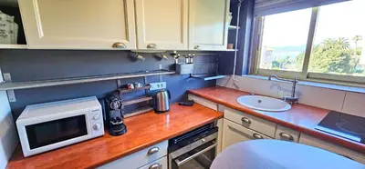 a kitchen with a counter with a microwave and a sink at Cannes South of France Apartment near beach, Palais des Festivals and Croisette in Cannes