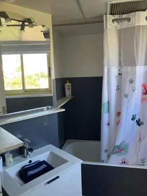 a bathroom with a sink and a shower curtain at Cannes South of France Apartment near beach, Palais des Festivals and Croisette in Cannes