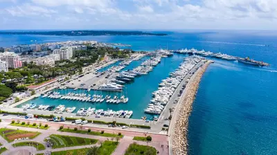 an aerial view of a marina with boats in the water at PALME Yacht - Cannes Port Canto - Pointe Croisette - Face à la Mer in Cannes