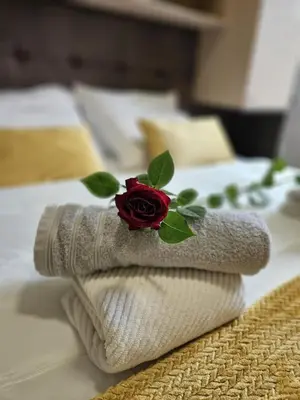 a towel with a rose on top of a bed at Central Cannes Cozy T4 Walk to Beach & Congress in Cannes