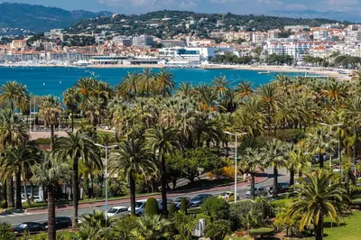 a view of a city with palm trees and the ocean at Charming & Elegant La Croisette apartment in Cannes in Cannes