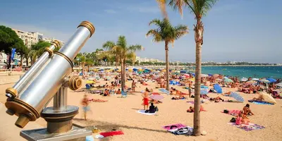 a crowd of people on a beach with palm trees at Sublime apartment 100 m from the Croisette in Cannes