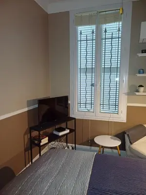 a bedroom with a bed and a tv and a window at Maison palm in Cannes