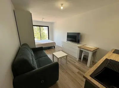 a living room with a couch and a television at Studios Cannes Les 3 éléments in Cannes