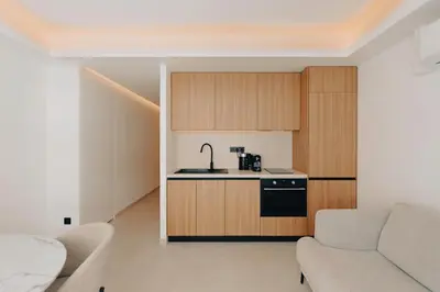 a living room with a couch and a kitchen at 2 Appartements porte à porte Groupe & famille in Cannes