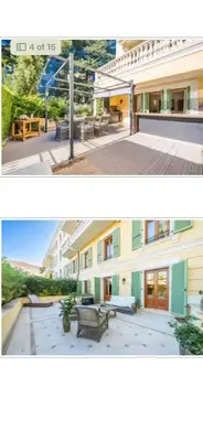 two pictures of a building and a park with a bench at Luxury apartment in Cannes in Cannes