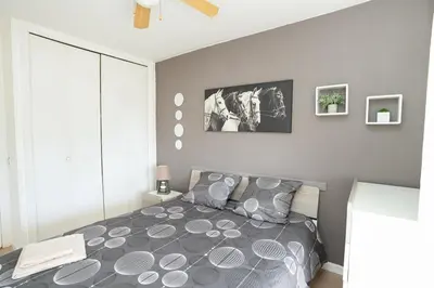 a bedroom with a bed with a large gray comforter at Charmant 2 Pièces au Cannet in Le Cannet