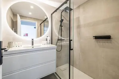 a bathroom with a shower and a sink and a mirror at L'ÉTOILE D'OR avec terrasse au centre de Cannes in Cannes