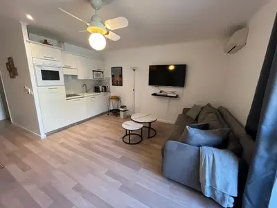 a living room with a couch and a kitchen at 4 People Cannes Hyper Centre and Air conditioning in Cannes