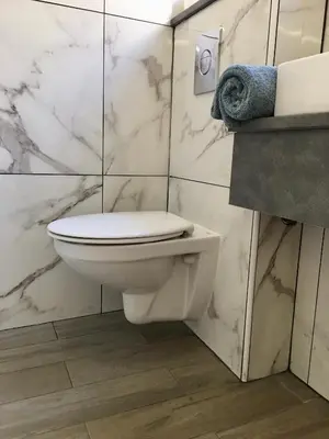 a bathroom with a white toilet and marble walls at Calmette in Cannes