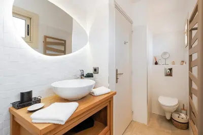 a bathroom with a white sink and a mirror at Duplex Charmant et Central Cannes Forville in Cannes