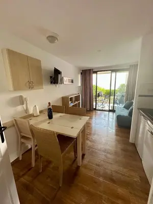a kitchen and living room with a table and chairs at Renoir 252 - Appartement rez-de-jardin type F2 - Petite vue mer in Cannes