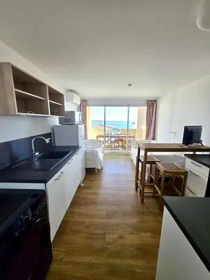a kitchen with a sink and a living room with a table at Ingres 158 - F3 vue mer Villa Francia in Cannes