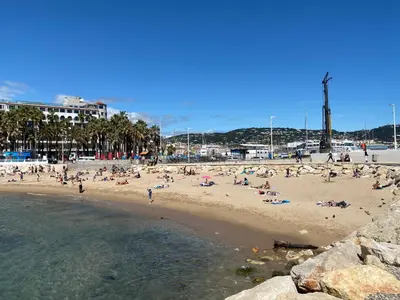 a group of people on a beach with the ocean at Le Baronne- Charmant studio climatisé au calme proche Plage et Palais des Festivals in Cannes