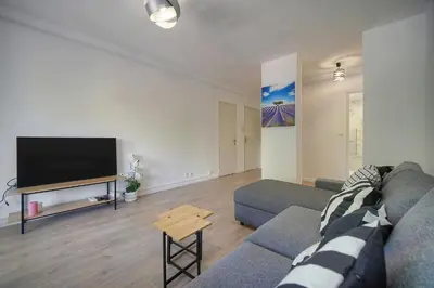a living room with a couch and a flat screen tv at FRGK Stanislas Apartment Terrace, Central Cannes AC & ULTRA FAST Wi-Fi in Cannes