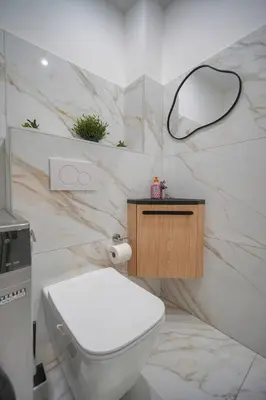 a bathroom with a white toilet and a mirror at FRGK Stanislas Apartment Terrace, Central Cannes AC & ULTRA FAST Wi-Fi in Cannes