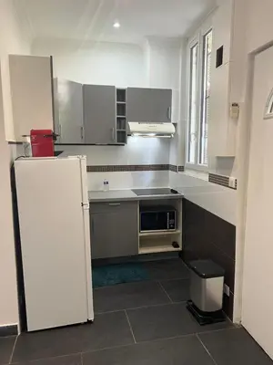 a kitchen with a white refrigerator and a microwave at Apparemment151 in Cannes