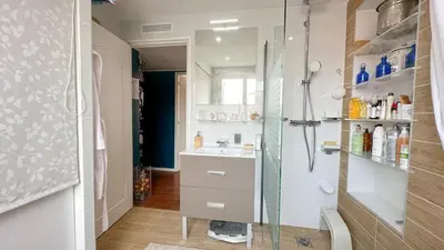 a bathroom with a sink and a shower at Beautiful renovated luxury apartment terrace parking in Cannes