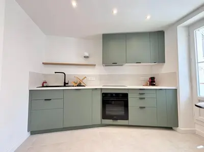 a kitchen with green cabinets and a sink at Cannes 1 bedroom apartment - FC8 in Cannes