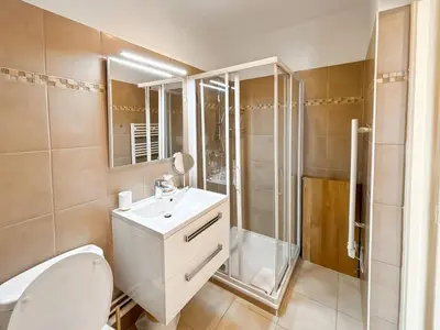 a bathroom with a toilet and a shower and a sink at CAM103 - Beau 2 pièces avec terrasse in Cannes