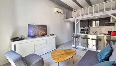 a living room with a tv and a kitchen at LX154 Loft rénové lumineux - plein centre Cannes in Cannes