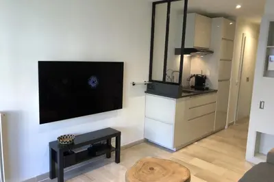 a living room with a large flat screen tv on the wall at REF 1213 - Cannes Croisette - Studio to rent in Cannes