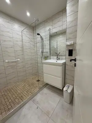 a bathroom with a shower and a sink and a toilet at T2 refait à neuf à 50m de la plage Moure Rouge in Cannes