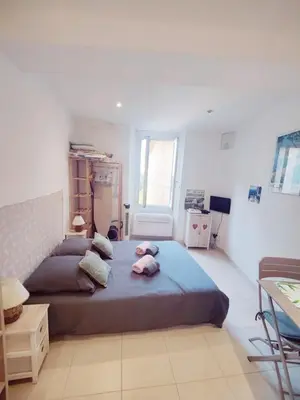 a bedroom with a large bed with two pillows at Cannes Croisette Terrasse Vue sur la mer et la ville 5 mn de la plage in Cannes