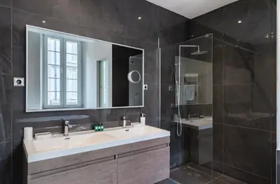 a bathroom with a sink and a shower and a mirror at Appartement Cannes, Majestic in Cannes